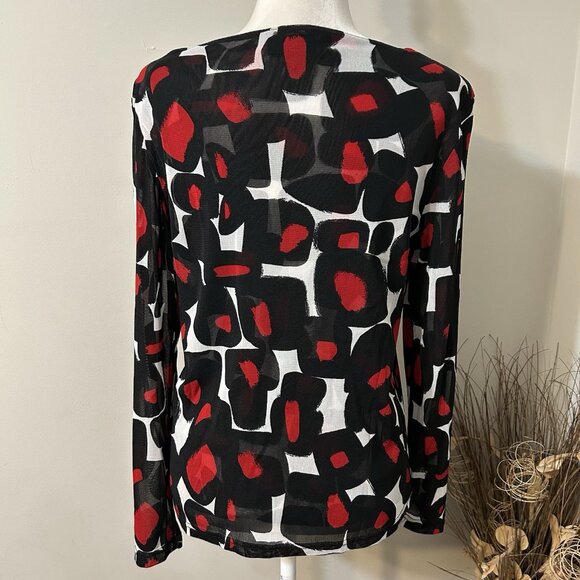 Vtg Blast Women Top Black Red White Abstract Pleated Front Scoop Neck Sheer Sz M - Picture 2 of 7